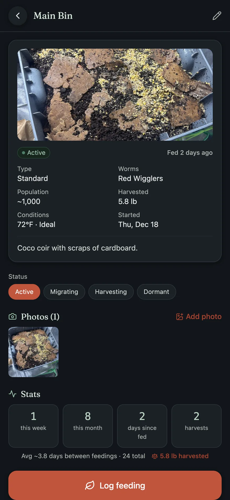 A worm bin's detail page, dark mode