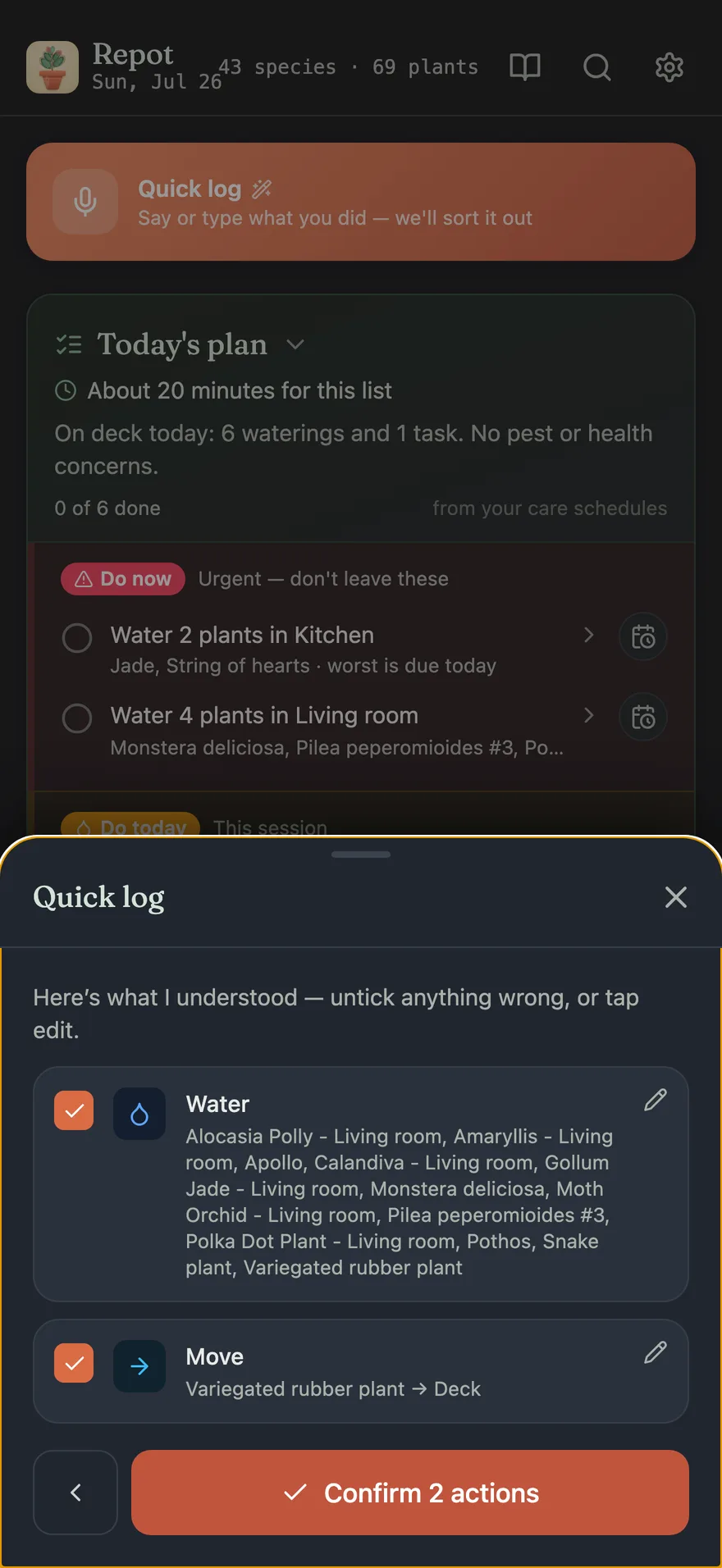 Quick log review, dark mode