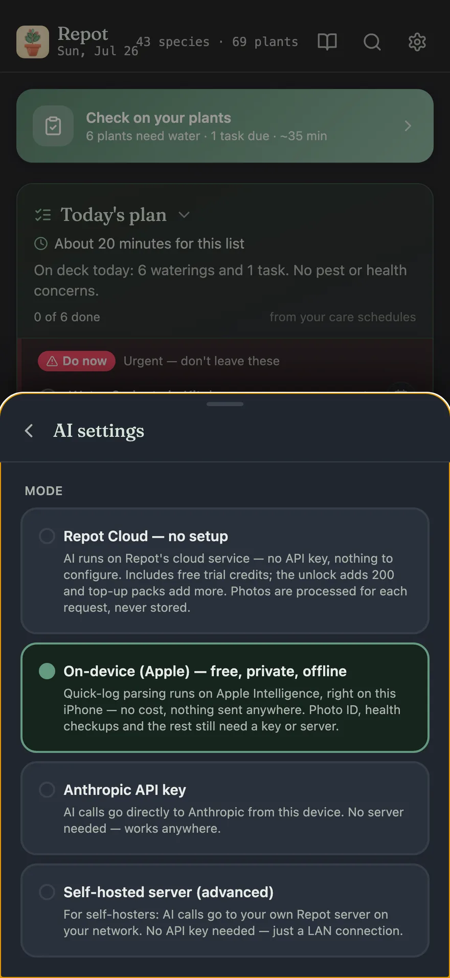 The AI mode chooser, dark mode