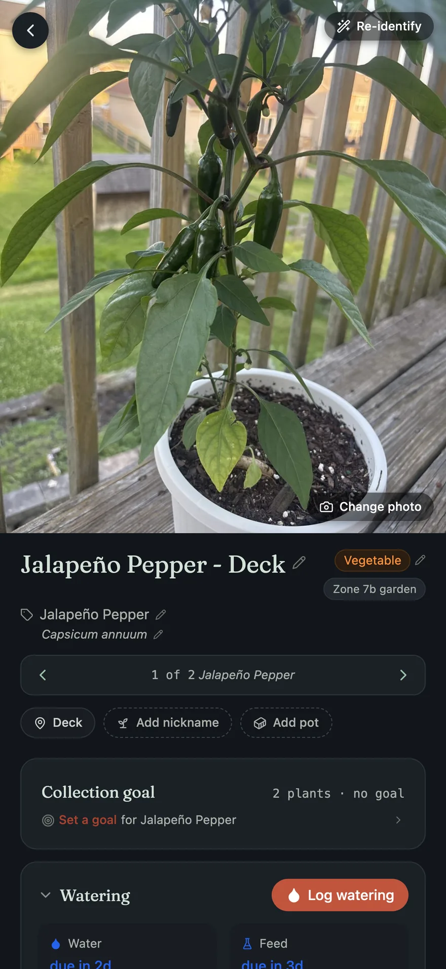 A plant's detail page, dark mode