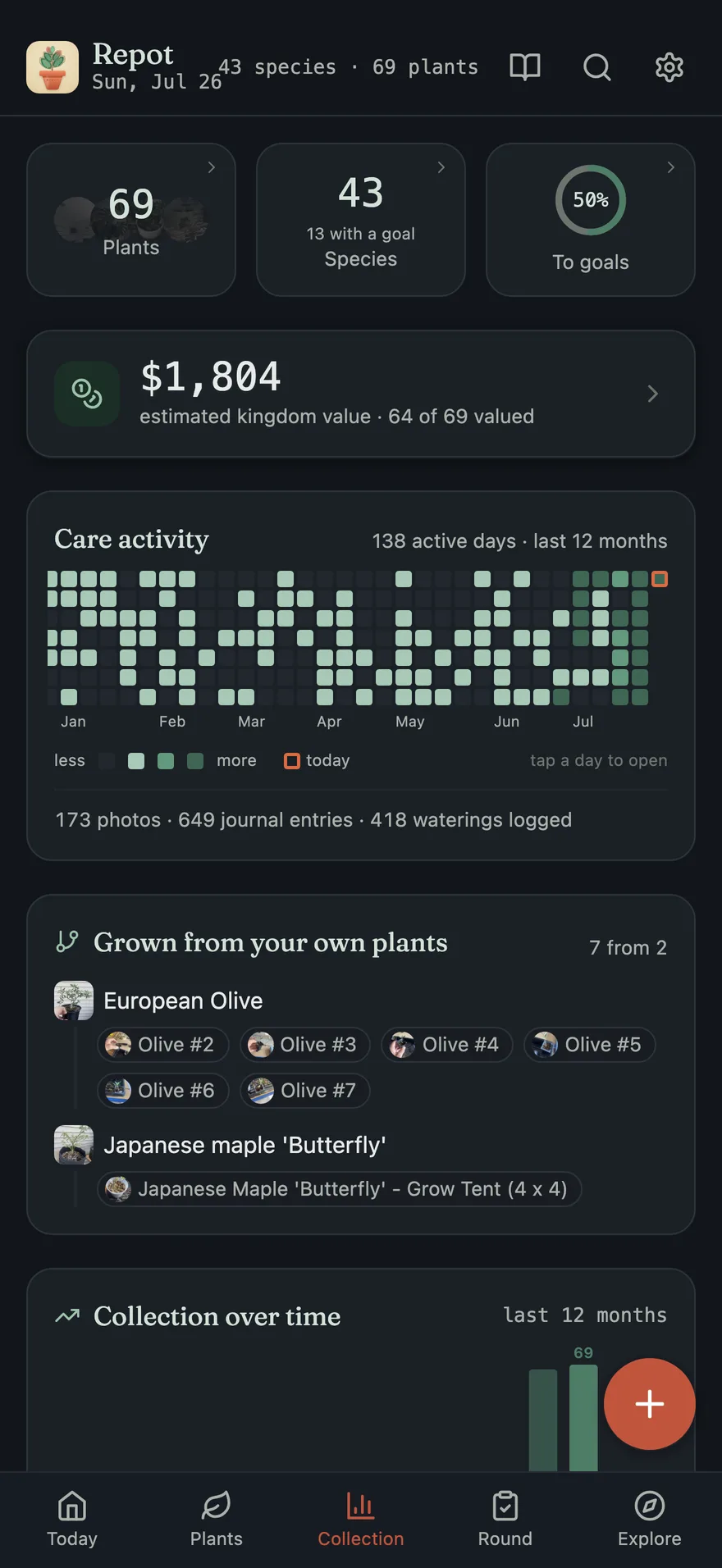 The Collection tab, dark mode