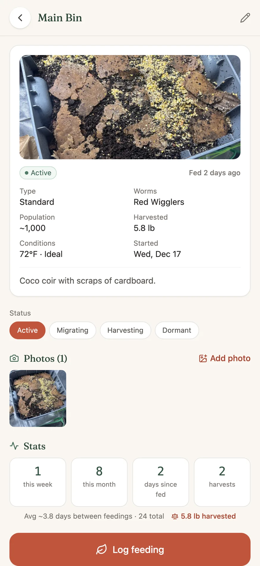 A worm bin's detail page, light mode: photo, feeding stats, harvest weight, Log feeding button