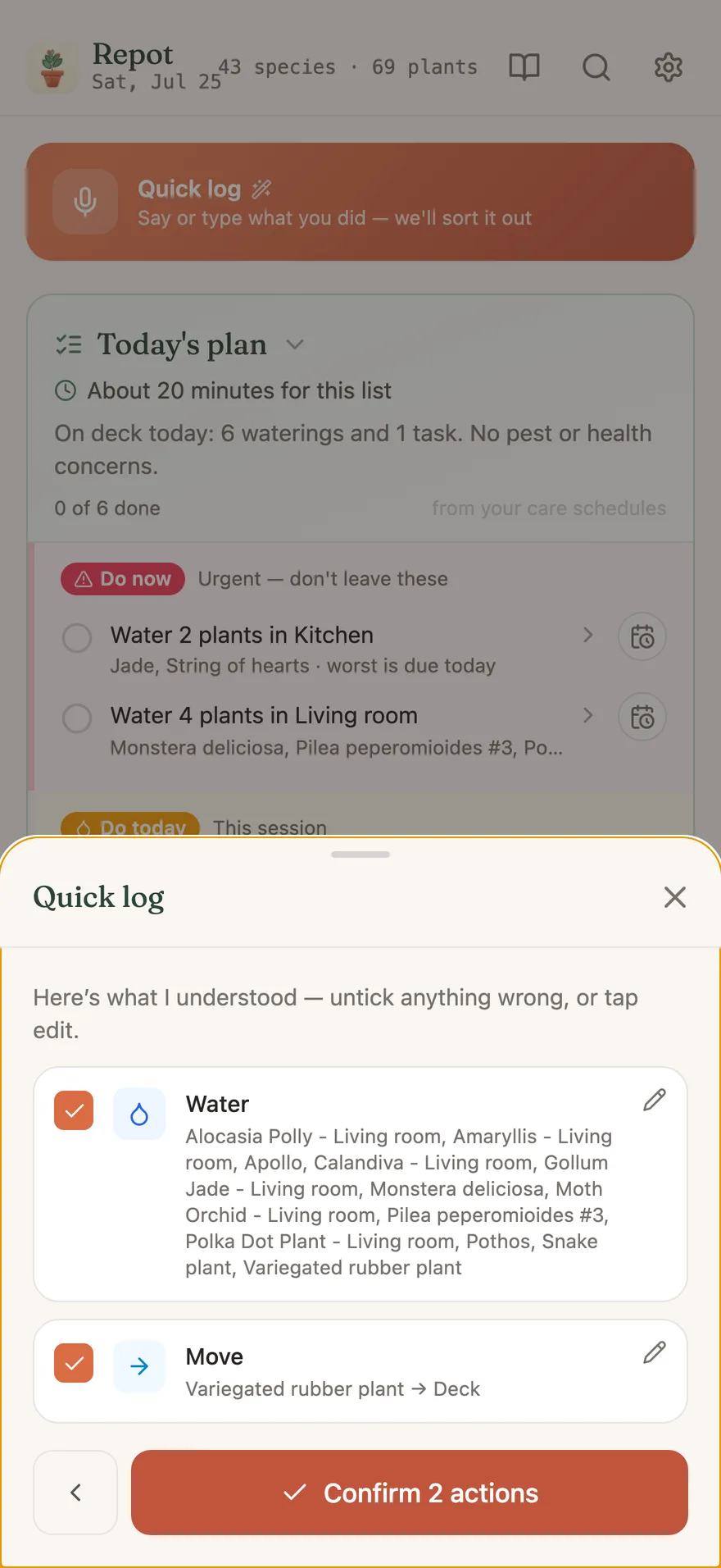 Quick log review, light mode: one spoken sentence parsed into watering and move actions across many plants