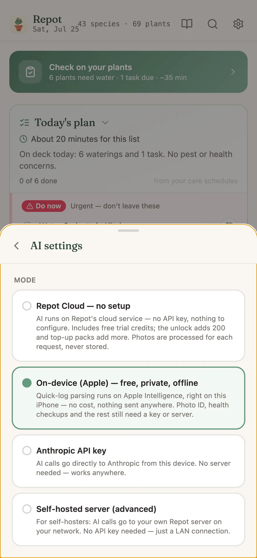 The AI mode chooser, light mode: Repot Cloud, on-device, your own key, or self-hosted